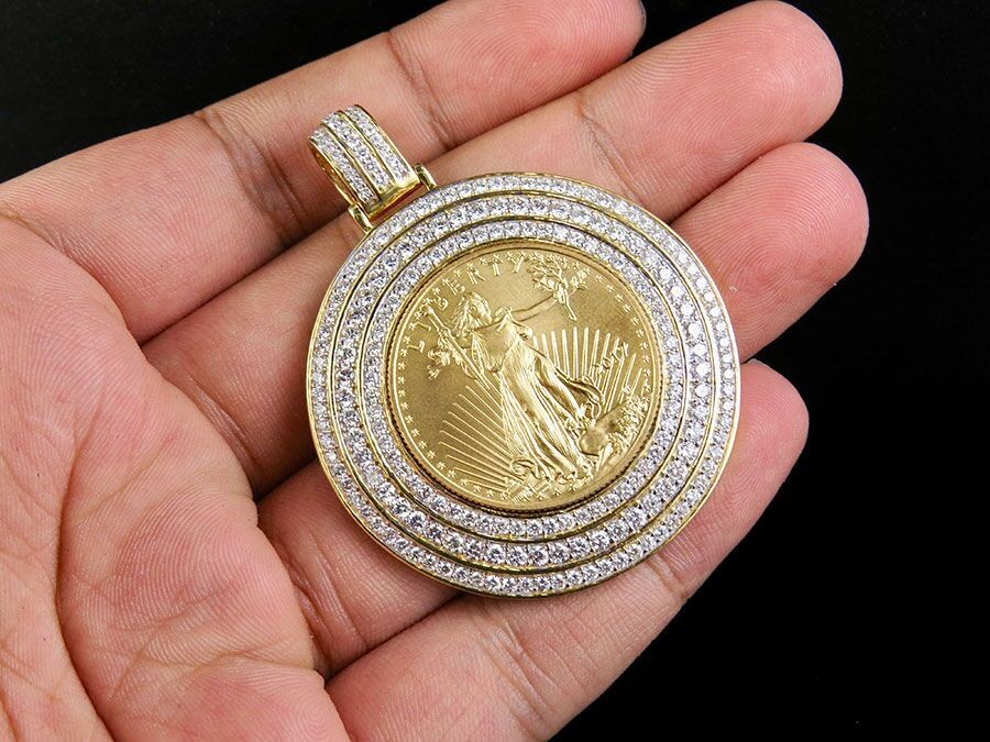 Ciondolo Moneta Lady Liberty Con Diamante Simulato - Argento 925 Placcato Oro 14K - Giallo