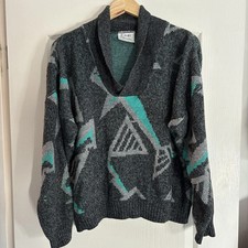 Mens Vintage Grey Green 80s Acrylic Knit Pullover Jumper Size L Joeys Casuals
