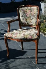 Antik Massiver-Handgestickter Gobelin-Louis XV-Stil Stuhl, Sessel Blumenbukett