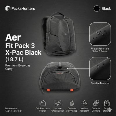 Aer Fit Pack 3 X-Pac - Black Backpack Laptop Travel Carry On Bag