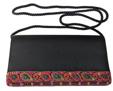Vintage Lord and Taylor Clutch Purse Black Silk Bead Trim Rope Strap Lined