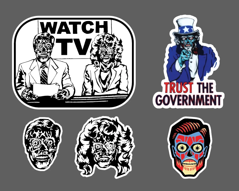 SIX9 DESIGNS THEY LIVE Movie Parody Funny Mock Government 1988 Sticker Decal Group of 5 - 4"