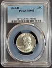 1961-D Washington Silver Quarter graded MS65 by PCGS