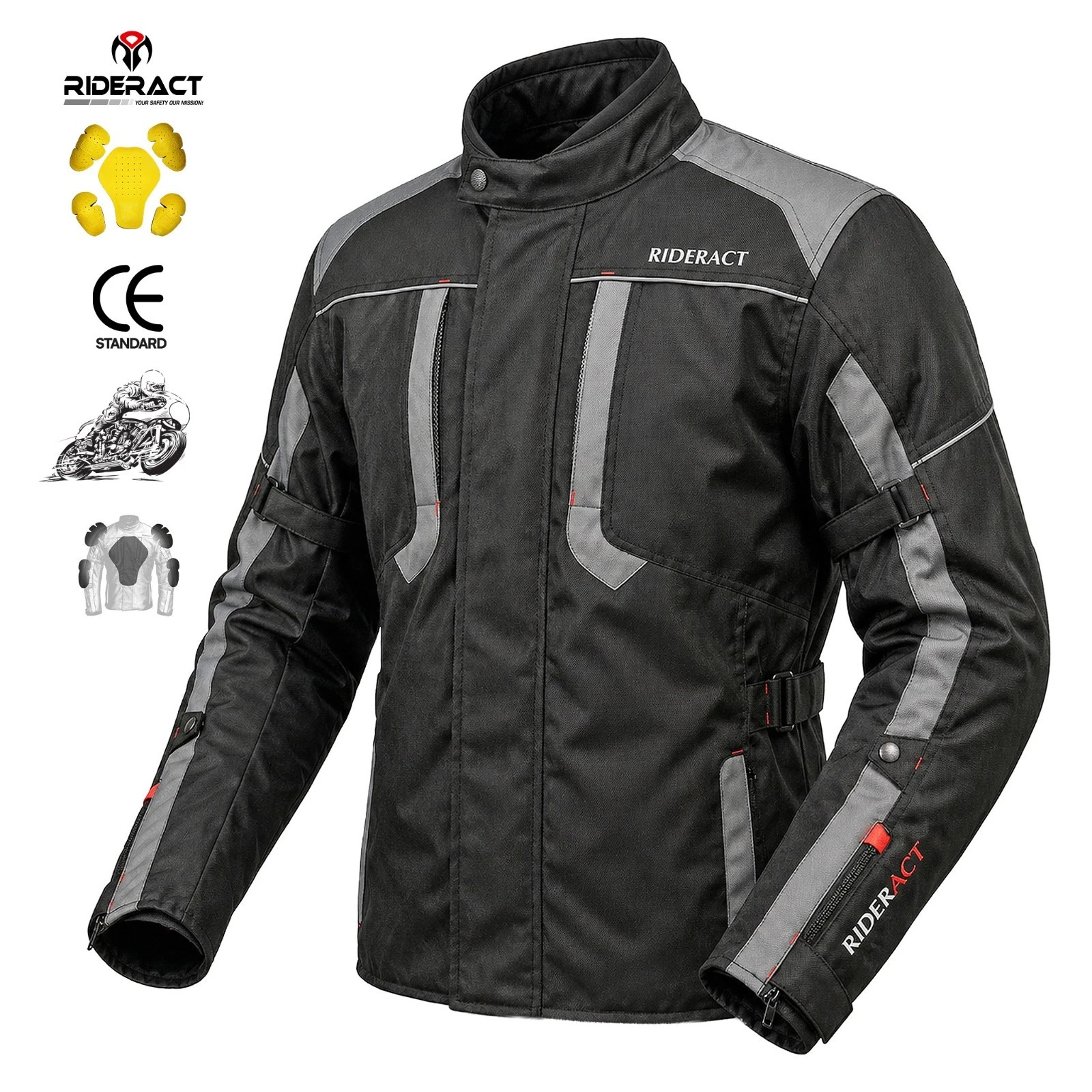 RIDERACT® Textile Motorcycle Jacket Black Waterproof Motorbike Touring Jacket