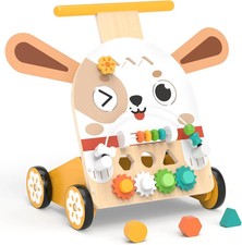 Chariot de Marche en Bois Chien avec Cube d'Activités 6 en 1 Centre d'activités