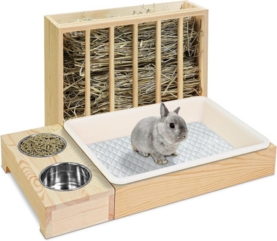 3 in 1 Rabbit Hay Feeder with Litter Box, Wood, Mess Proof, for Guinea Pig, Chin