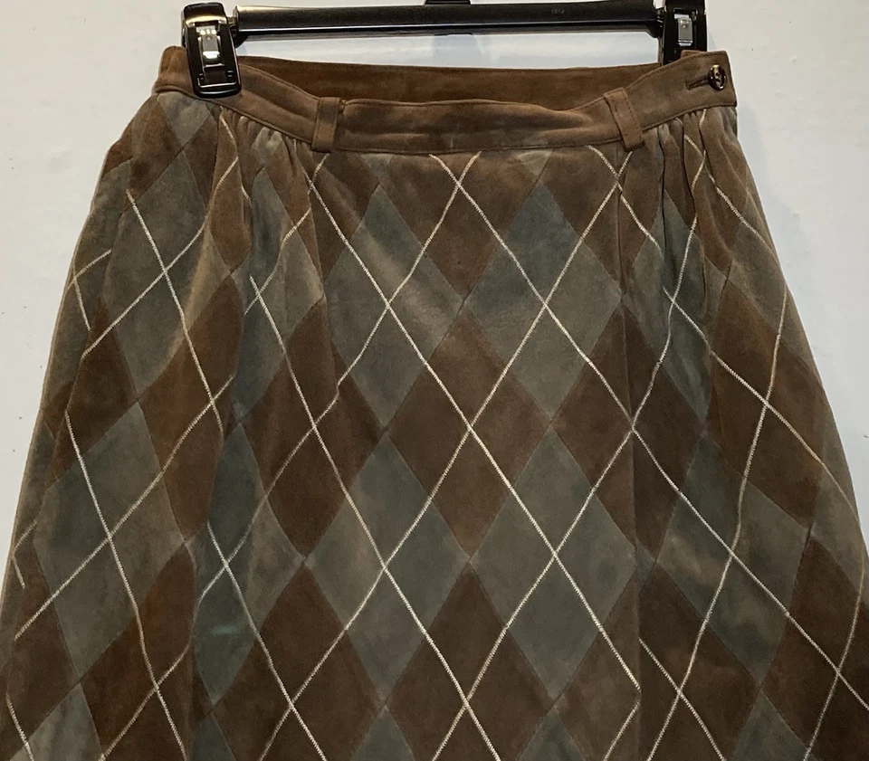 Falda Midi Vintage Valentino Pelle Gamuza Talla 42 Italia Marrón Verde Estampado Diamante Foto 3 de 4