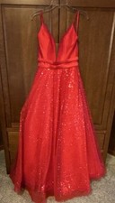 WORN ONCE  PLATINUM Red Sequin Tulle Prom Dress V-Neck Spaghetti Strap Long