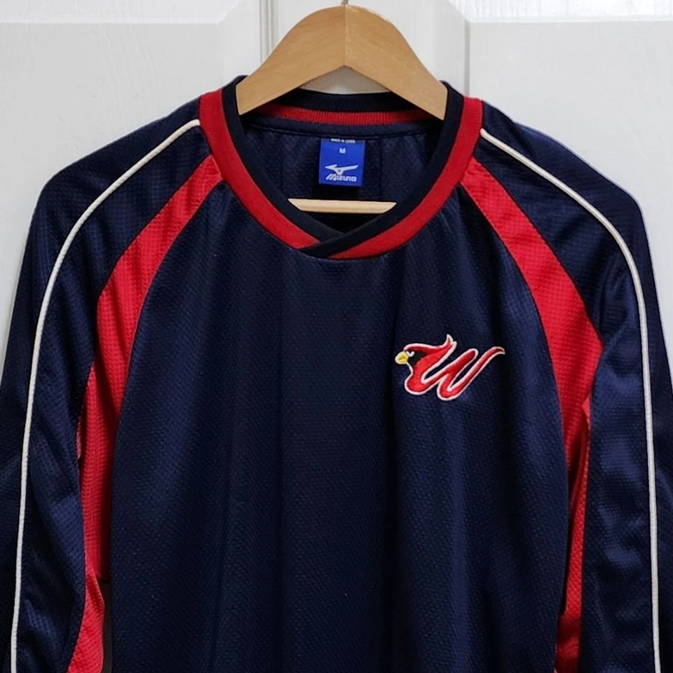 Pullover Mizuno Cortavientos Para Hombres M Azul Rojo Cardenal W Logo Bordado Largo Slv Foto 3 de 4