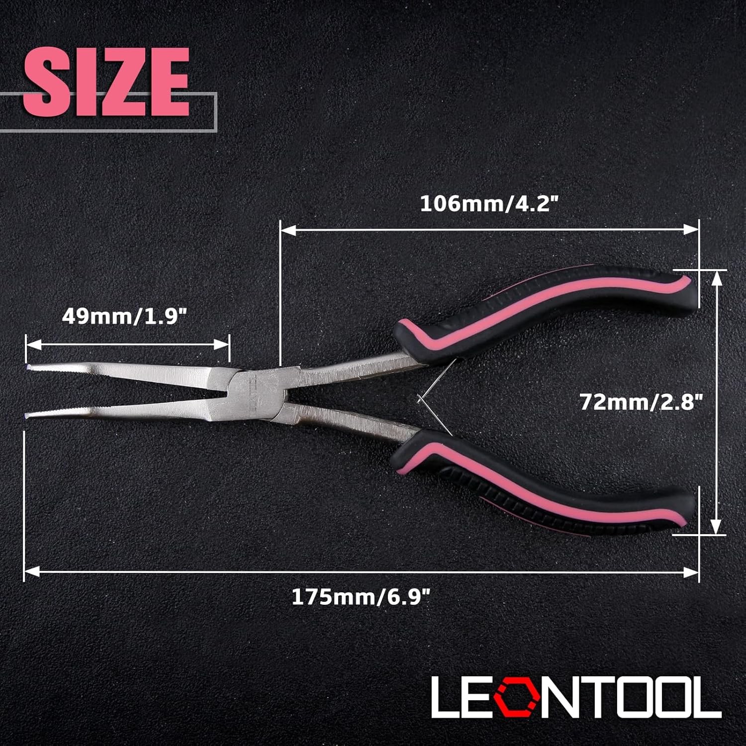 7-Inch Long Reach Bent Needle Nose Pliers Serrated Jaw 7", Black & Pink 