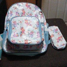 Girls Unicorn Floral Sequin Backpack Set Medium Light Blue Zip Pouch Pencil Case