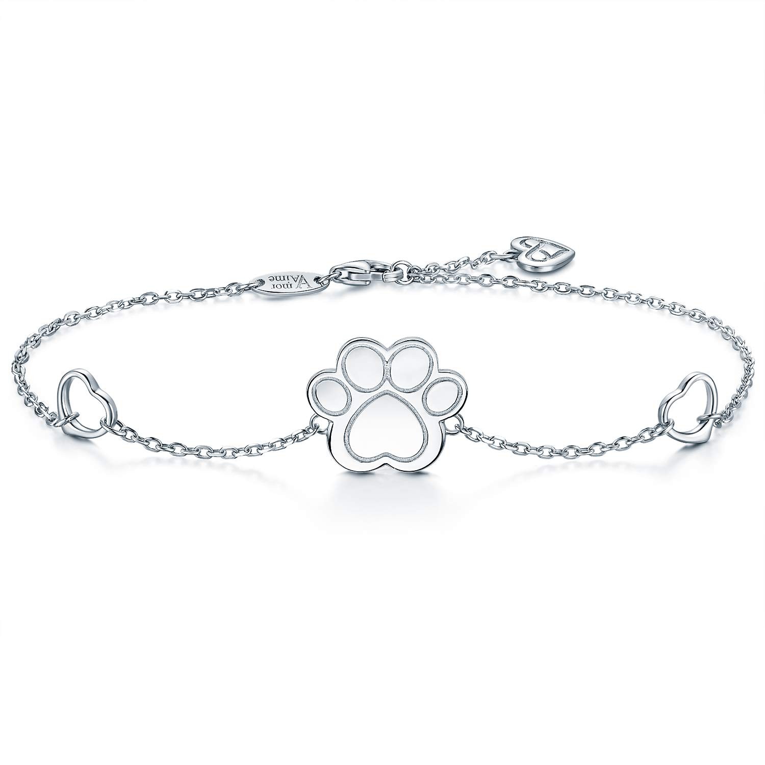 925 Sterling Silver Bracelet Dog Cat Paw Print of Love Heart Charm Adjustable Li