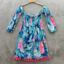 Lilly Pulitzer Trina Beach Dress Womens Small Sparkling Blue Hey Bay Bay Tassels