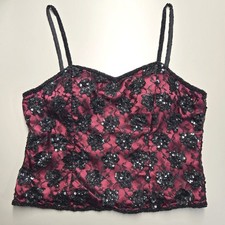 Vintage Y2K Beaded Sequin Lace Corset Style Camisole Large Red Black Whimsigoth