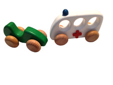 Wood Toy Baio Ambulance and Race Car set Wooden As Is Played with Decor