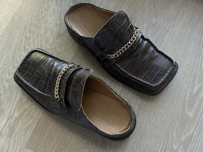 MARTINE ROSE BROWN LEATHER MULES / CLOGS WITH GOLD CHAIN DETAIL _ 38 EU