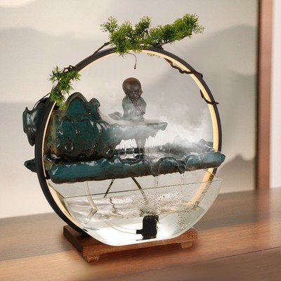 Tabletop Natural Fountain Fish Tank LED Light Ring With Mist Make & Water Pump