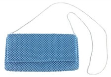 Nina Blue Metal Beaded Mesh Clutch Shoulder Bag w/ Chain Evening Bag