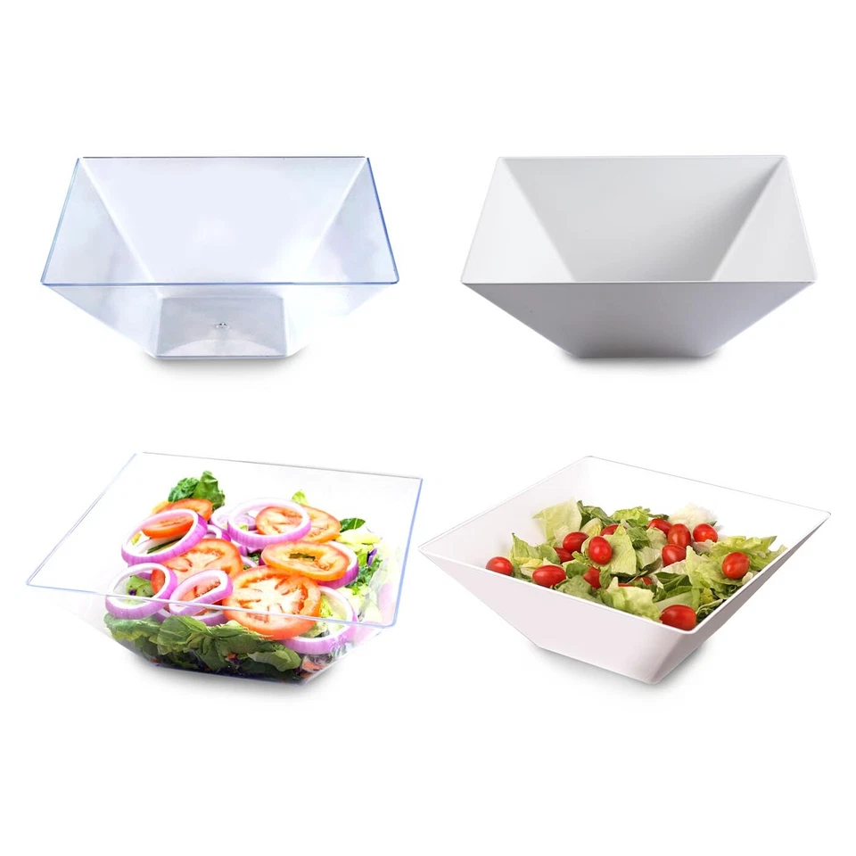 Disposable Plastic Square Large Serving Bowls Reusable Clear White Bowls 24pcs - Image 2 of 3