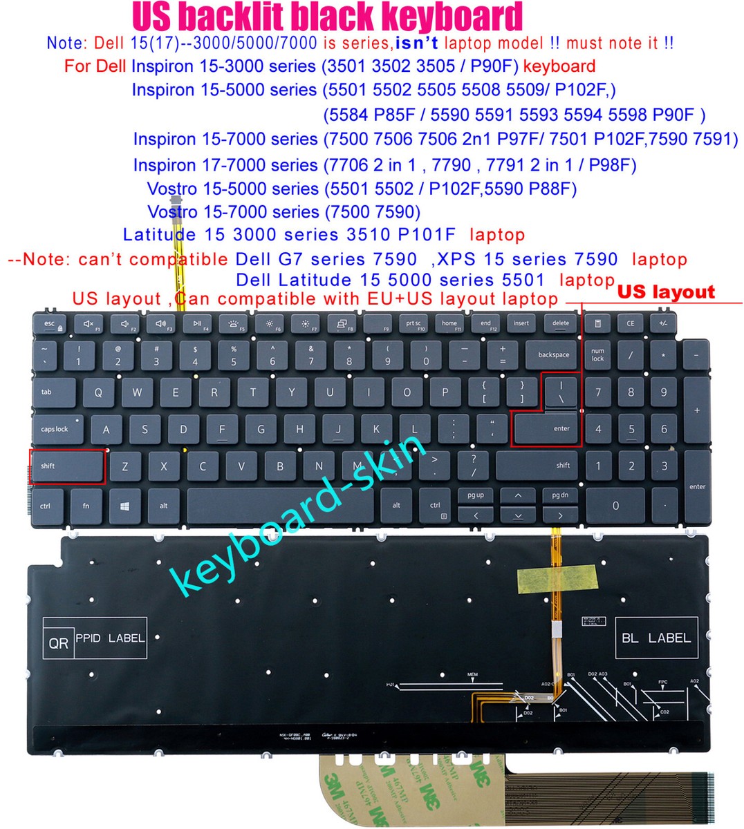 New US backlit Keyboard for Dell Inspiron 15-3501 3502 3505