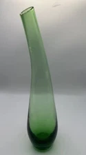 Vtg Green Glass Vase, Slim Art Glass Vase, Bent Neck Bud Vase, Boho Decor 13"