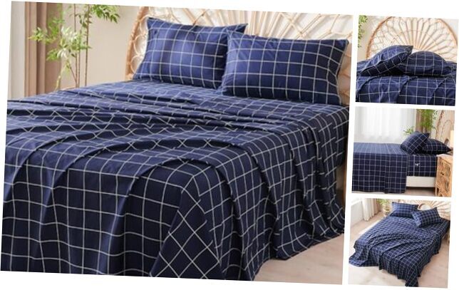 3Pcs Plaid Sheet Sets, 100% Natural Cotton Sheets Set,Geometric Twin Blue