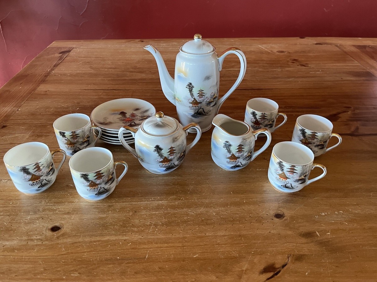 Vintage Japanese Kutani Tea Set With Geisha Lithopane Vintage Japanese Kutani Tea Set With Geisha Lithopane