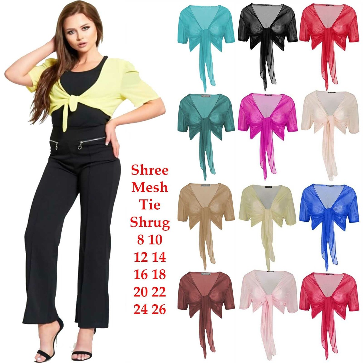 Ladies Tie Up Crop Mesh Shrug Womens Wrap Open Bolero Cardigan See Through  Top