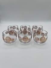 Vintage MCM Small Roly Poly Cocktail Glasses with Gold Roman Coins, Set of 6