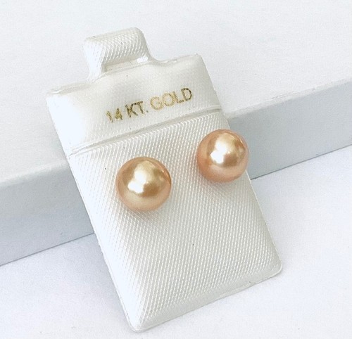 7.8 - 8 mm Golden South Sea Cultured Pearl , 14k Gold Stud Earrings NEW - Picture 2 of 6