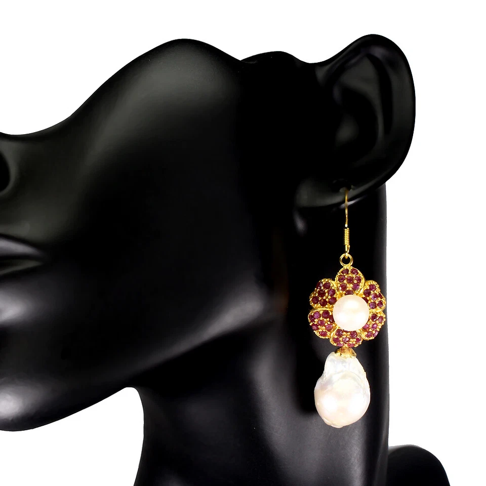 925 Sterling Silver Earrings Round Ruby Pearl Natural Gemstone Jewelry - Image 2 of 4