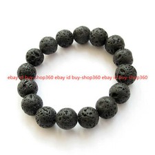 Natural 12mm Black Volcanic Rock Round Gemstone Beads Bracelet 7.5"