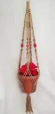 MACRAME PLANT HANGER 40 inch Vintage Style RED Beads  6mm CHOOSE CORD COLOR