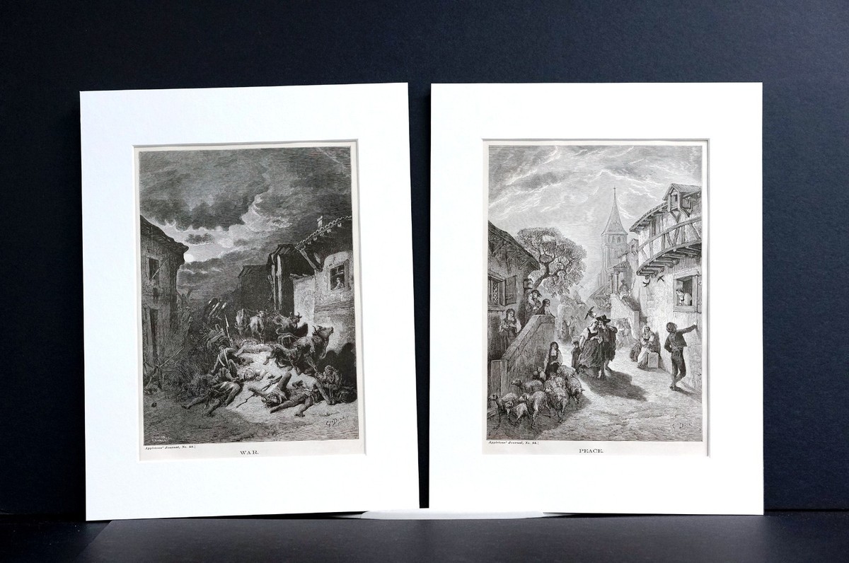 Gustave Dore Pair of Prints 1870 WAR and PEACE Matted Antique