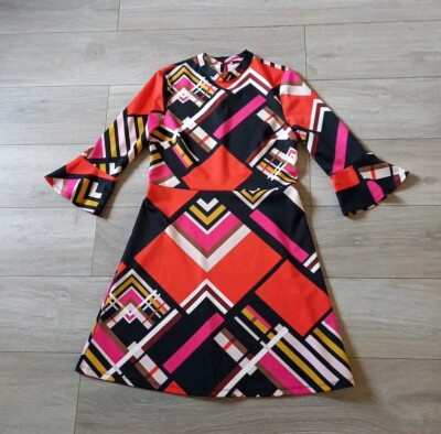 TU Black Multi Geometric Flared Dress 3/4 Sleeve Stretch Work Smart Office  UK12 | eBay UK