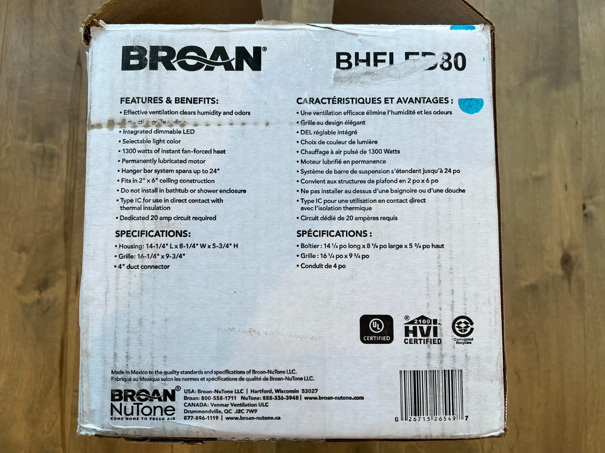 Broan BHFLED80 PowerHeat 80 CFM 1.5 Sones Heater Exhaust Fan with CCT LED  Lights 26715265497 | eBay