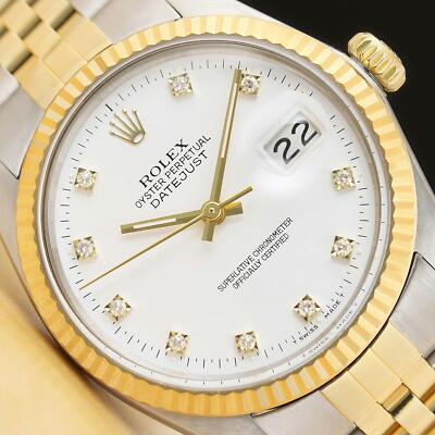 ROLEX MENS DATEJUST 16013 WHITE FACTORY DIAMOND DIAL 18K YELLOW