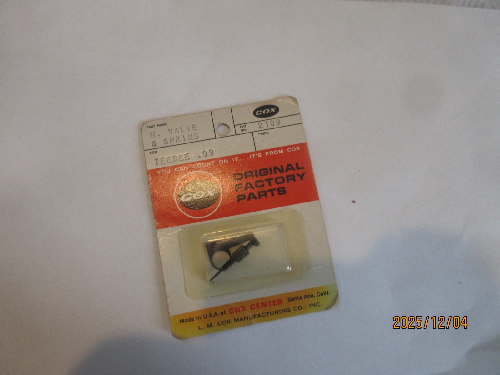 Cox NOS Needle valve & spring for Tee Dee .09 control line engines | eBay