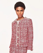 Zara Red Tweed Textured Weaved Blazer Jacket Pearl Size S
