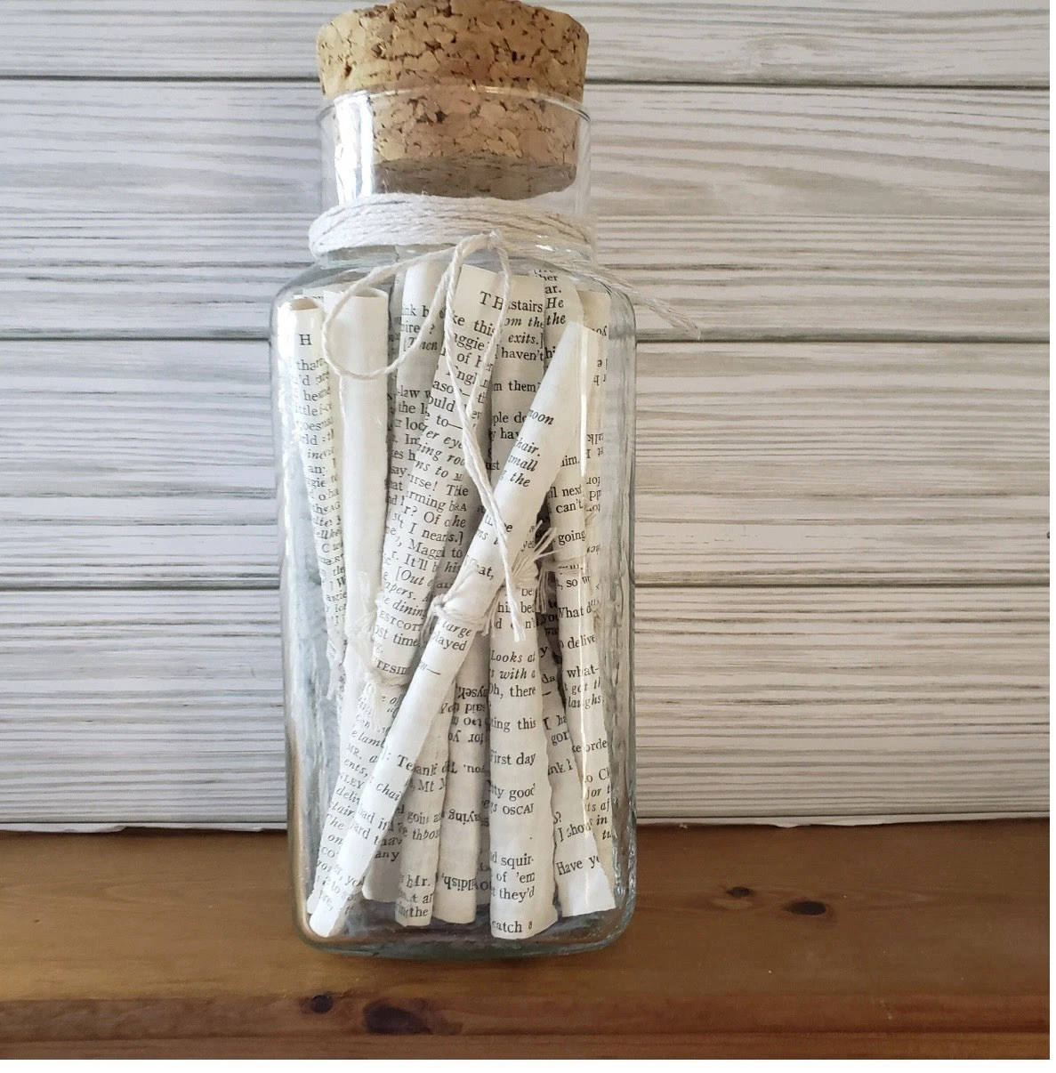 Vintage Glass Corked Jar / Bottle Filled With Vintage Book Page Scrolls