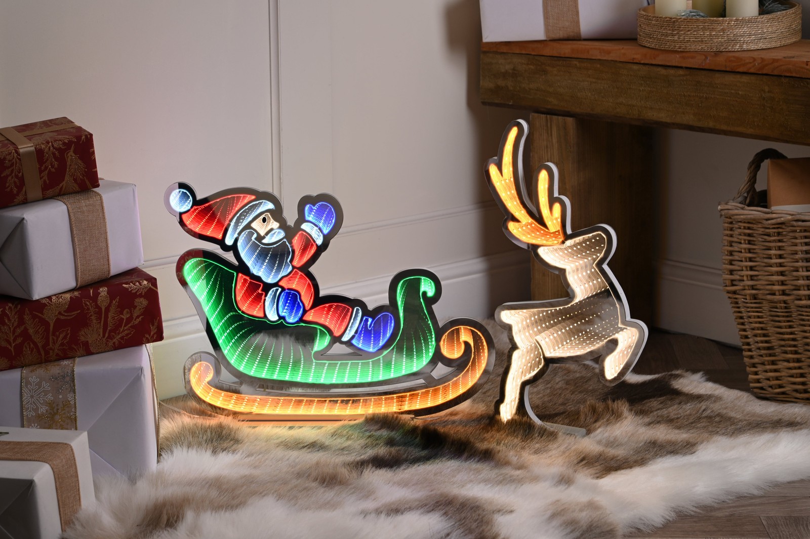 Santa in Sleigh with Reindeer LED Infinity Mirror Light 60cm