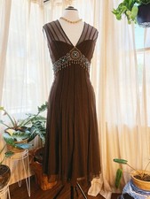 Vintage Y2k Brown Mesh Beaded Midi Dress Size 12 Beaded Boho Fairy ECI New York