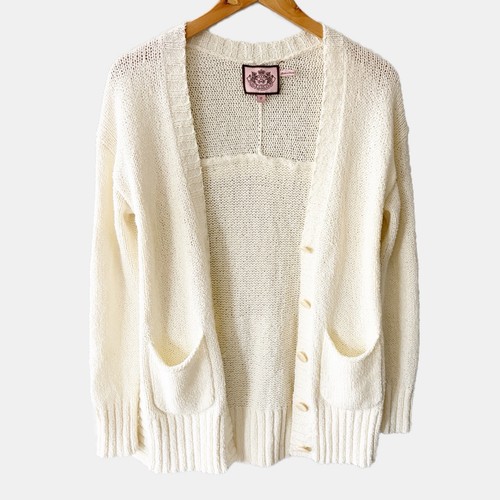 Juicy Couture Sweater Cardigan Cream Ivory Chunky Knit P Oversized Pockets