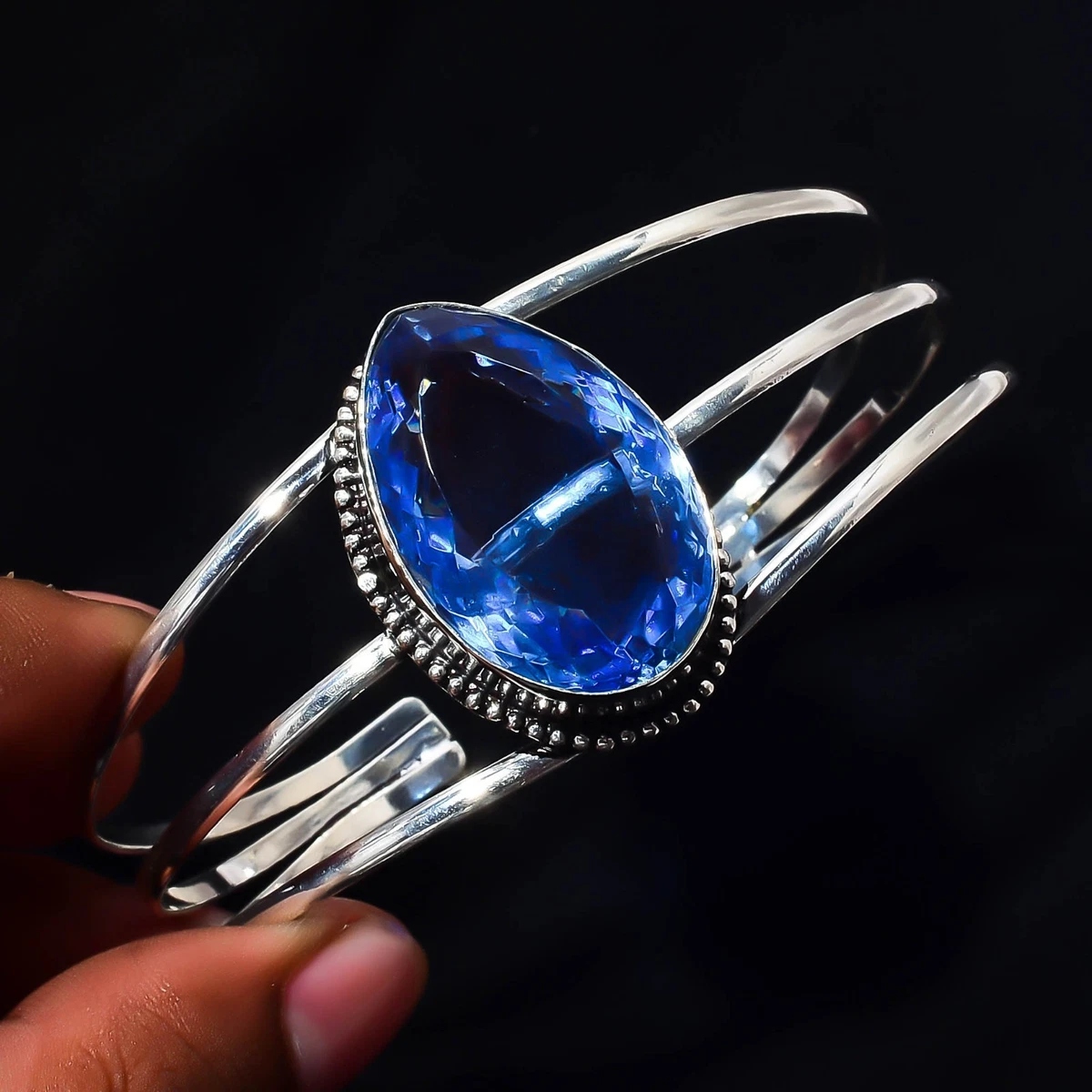 Tanzanite Quartz Gemstone 925 Sterling Silver Handmade Bangle Jewelry Gift For