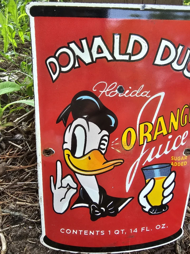 1950'S VINTAGE DONALD DUCK ORANGE JUICE OIL GASOLINE SODA POP PORCELAIN SIGN - Image 2 of 4
