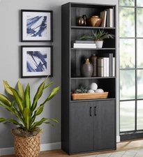Mainstays Traditional 5 Shelf Bookcase with Doors Black Finish Living Room Home
