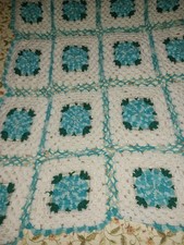 Vintage Handmade Crochet 3D Blue Rose Afghan Throw Blanket Granny Square 53"x67"