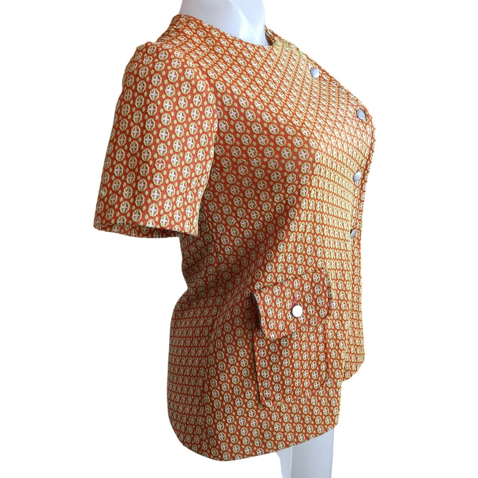 Túnica Top Para Mujer XS De Colección 1 De 1 Hecha a Mano Años 60 Naranja Tejido Geométrico Mod Niña Foto 3 de 4