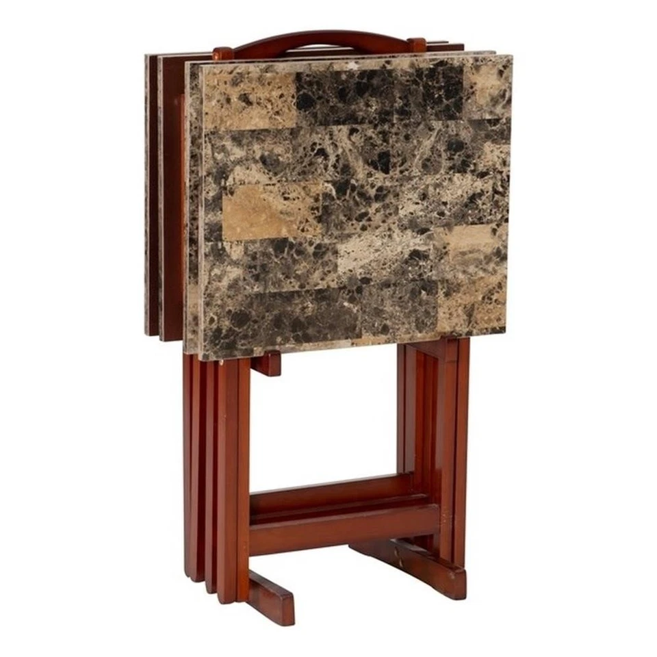 Linon Five Piece Faux Marble Folding Tray Table Set with Stand in Brown Wood - Image 2 of 4