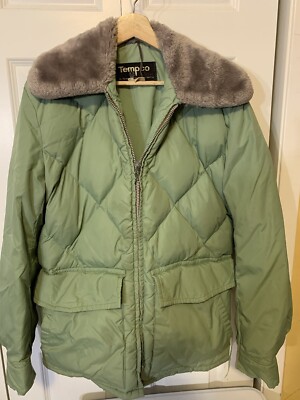 Vtg Tempco Mens Sz 40 Goose Down Quilted Insulated Puffer Jacket 70 s Green Gray